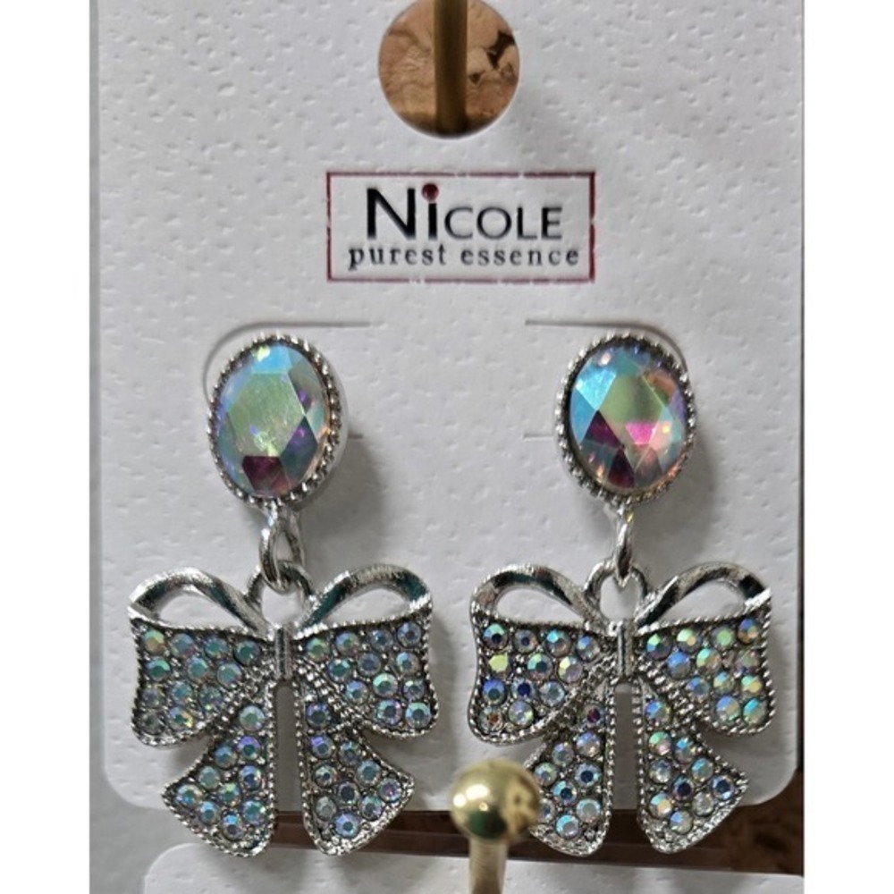 Silver tone Rhinestone Bow Drop Earrings | Iridescent Crystal Statement Earrings - Picture 2 of 2